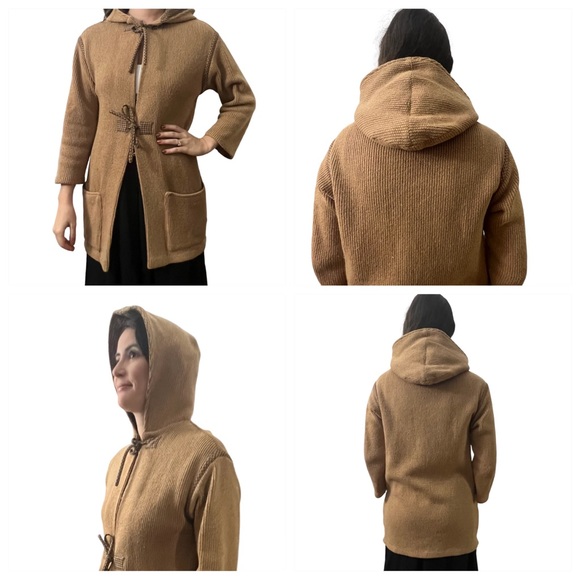 Vintage Sweaters - 1970’s Italian Hooded Tie Front Sweater, Long Hooded Open Front Sweater,‎ S/M